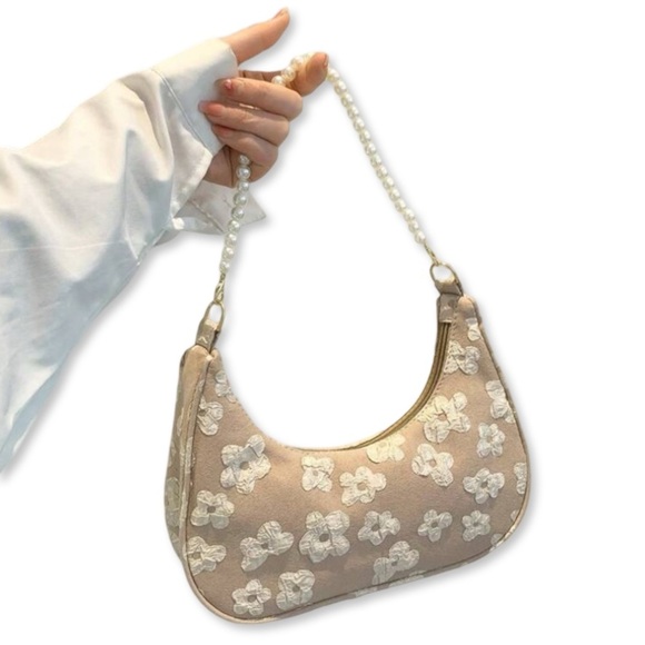 Floral Tan & Cream Floral Print Shoulder Bag with Pearl Chain Strap | NWT | - Picture 5 of 11